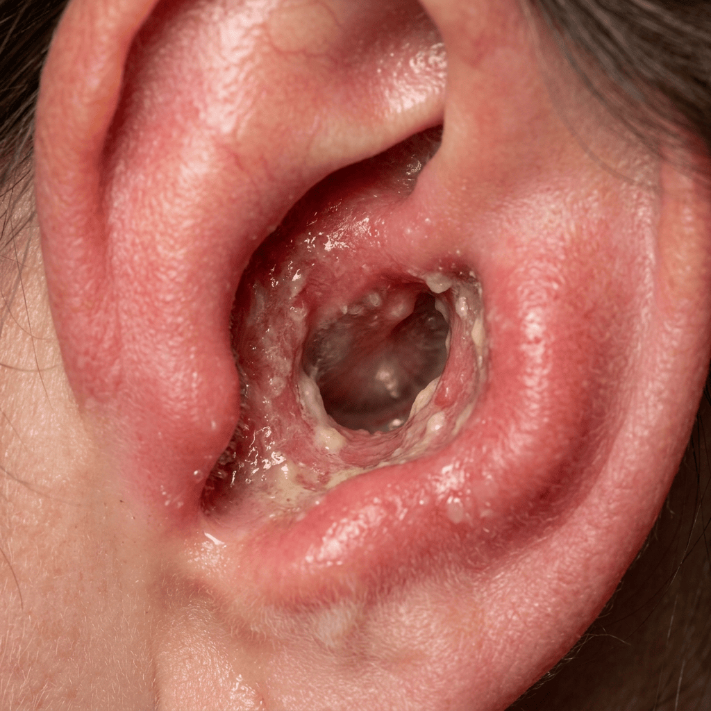 Ear canal with inflammation, redness, and yellowish discharge indicating infection